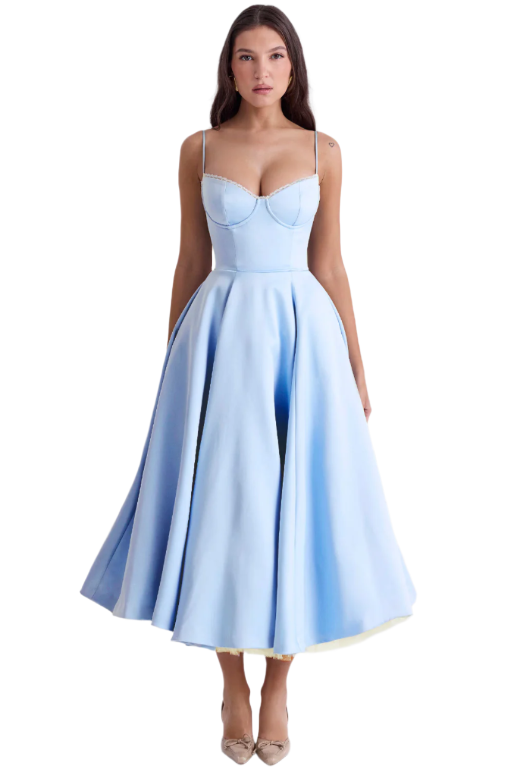 Beautiful model showcasing the Benita - Elegant Dress in soft blue satin, perfect for any special occasion.